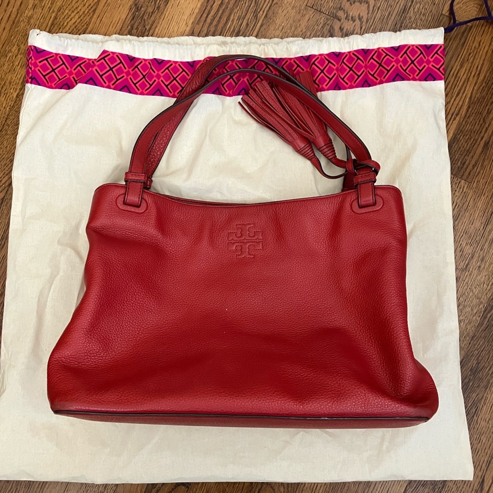 Tory Burch Red Leather Shoulder Tote with Tassel